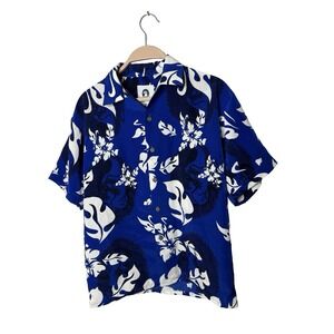 VINTAGE Ocean Current‎ Men Button Up Shirt Large Blue Hawaiian Short Sleeve